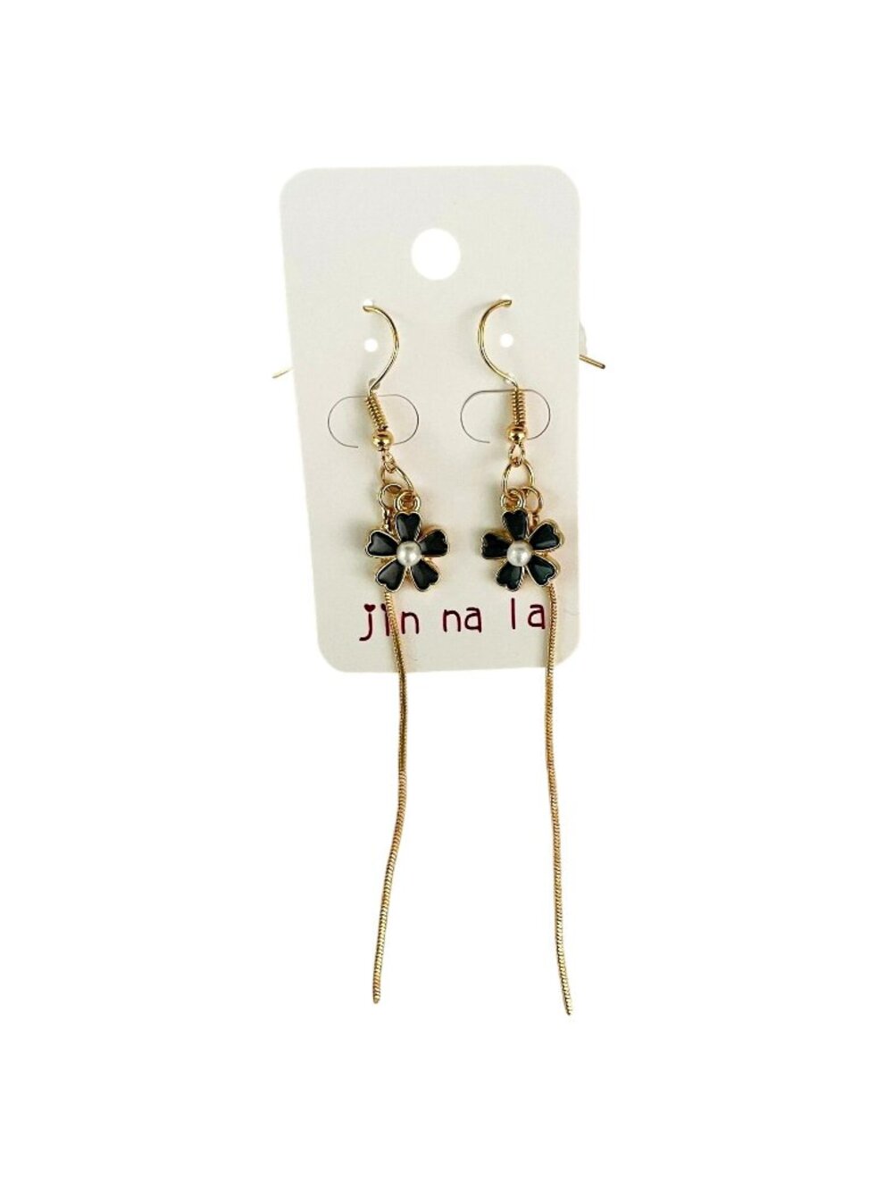 Daisy Shape Gray Enamel Dangle Earrings Gold Plated with Faux Pearl Bead 4" Glam